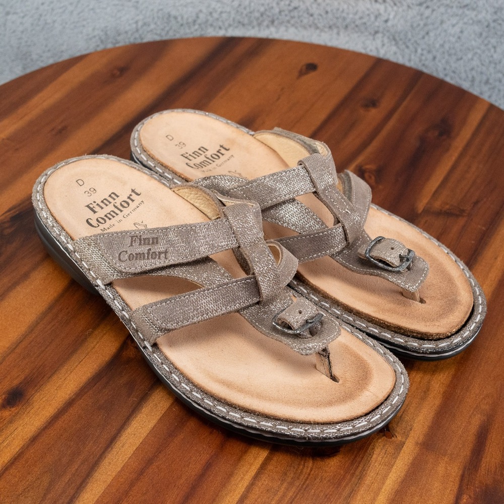 FINN COMFORT Thong Buckle Sandals Womens Size 39 (8.5 US) Silver Pewter Leather